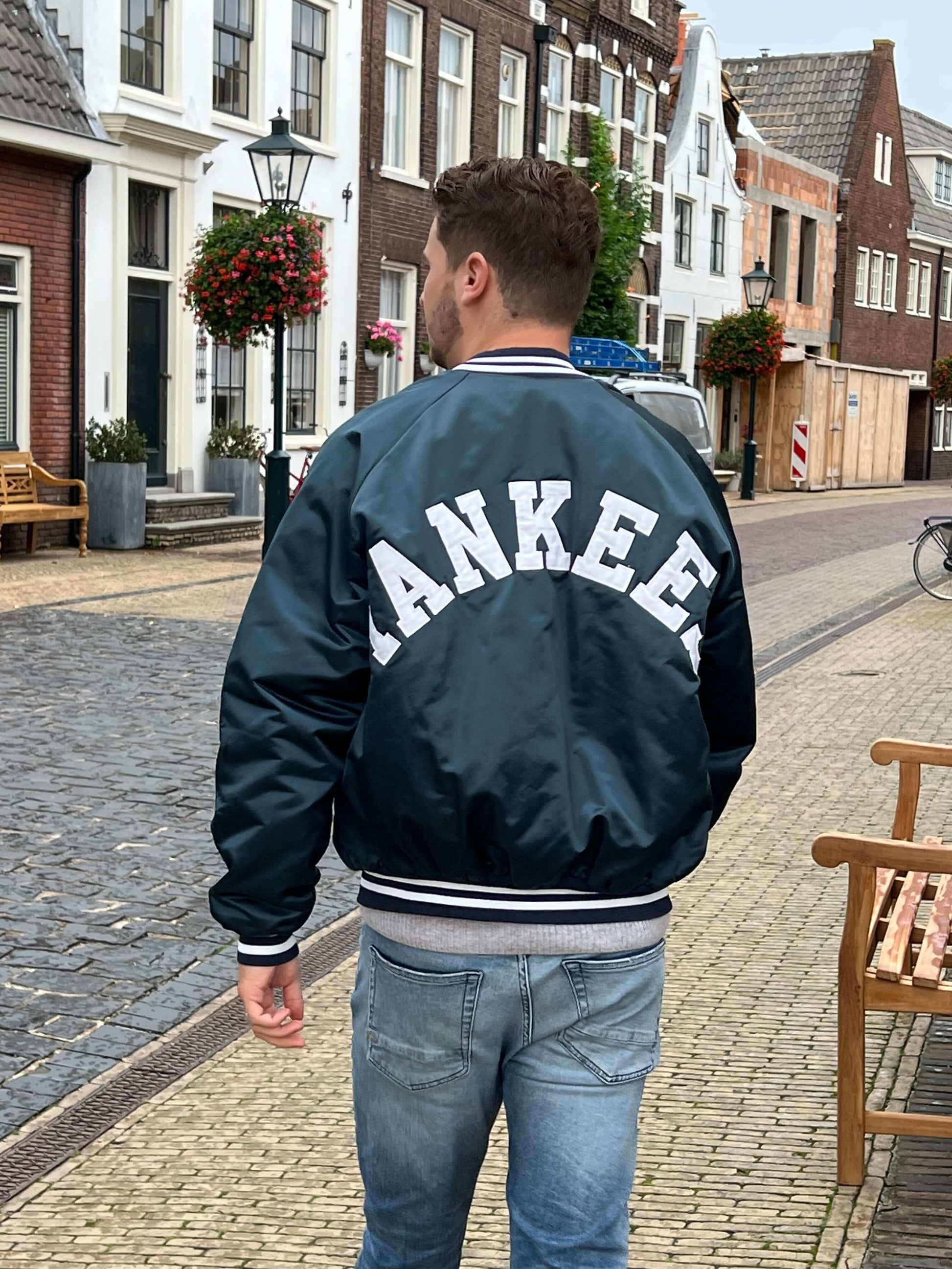 New York Yankees Big Logo Navy Blue Satin Bomber Jacket -GLJ