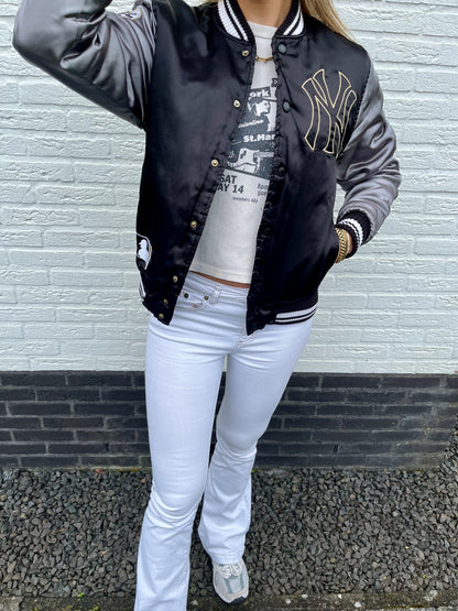 New York Yankees silver satin jacket | Laura Stappers Vintage