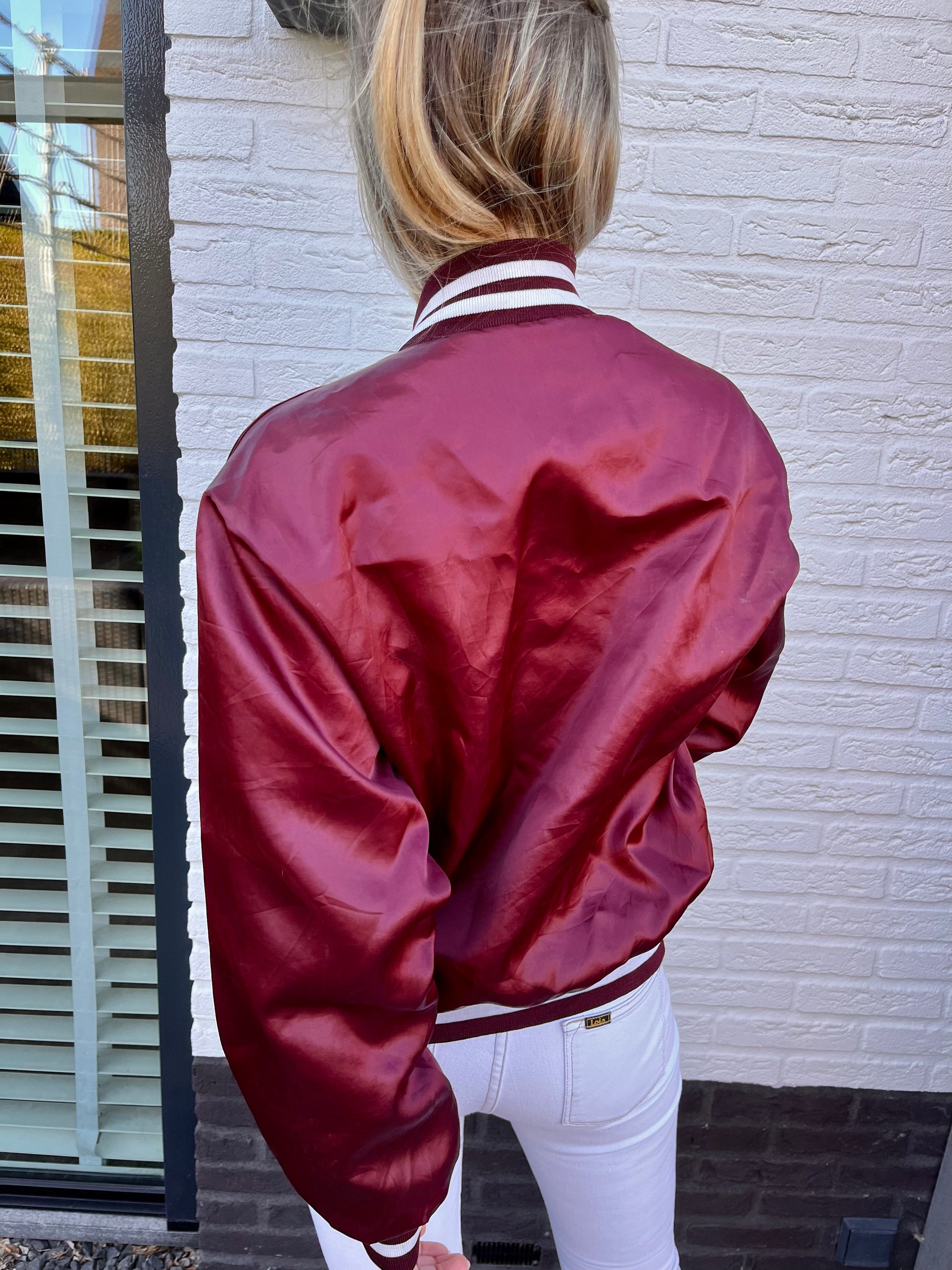 Red satin clearance bomber