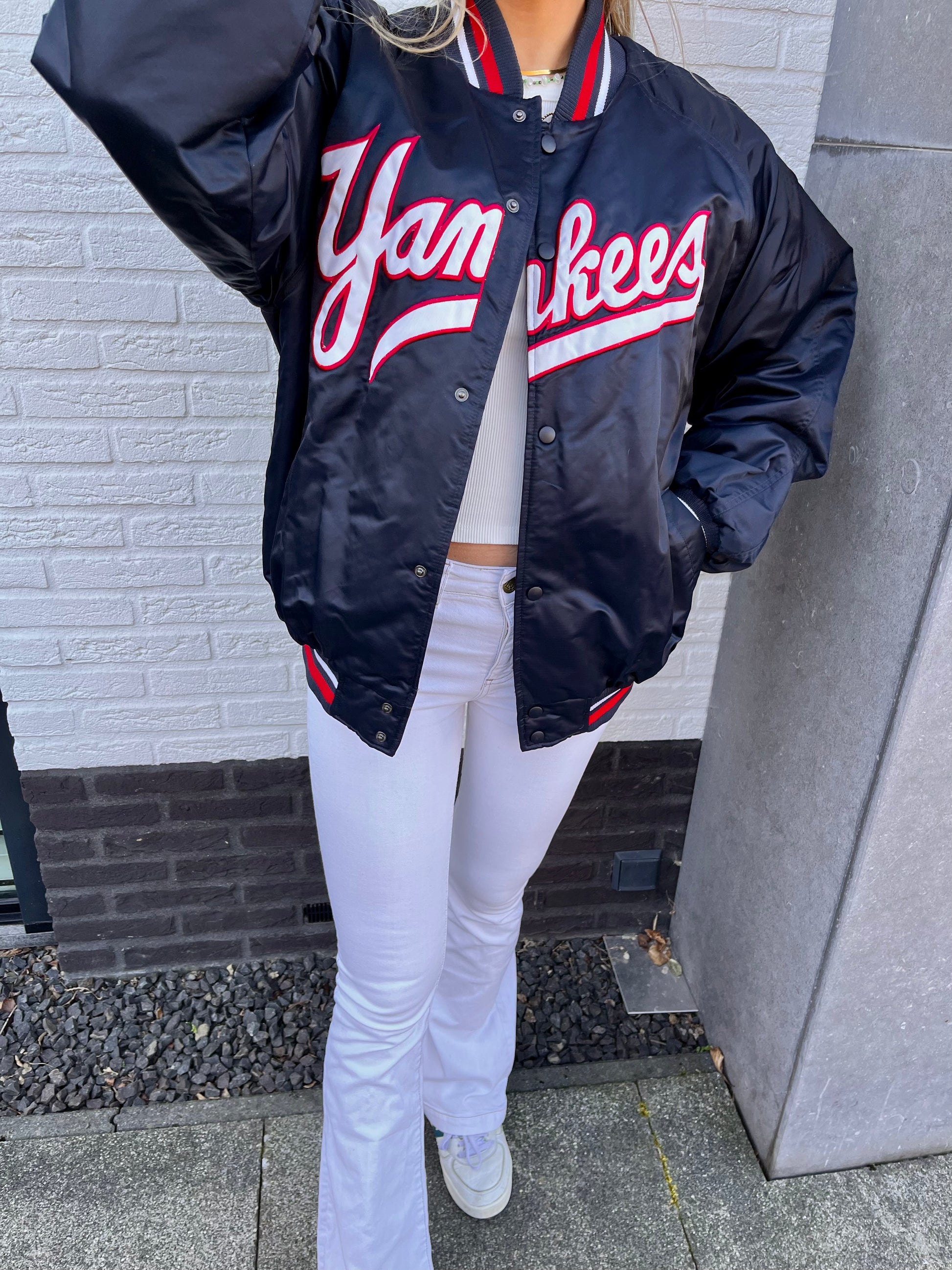 New York Yankees spell out bomber jacket Laura Stappers Vintage